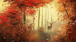 秋天秋季金秋树林鹿风景