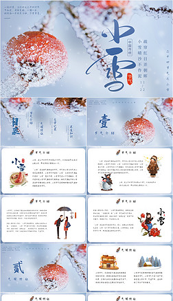 蓝色创意中国风手绘二十四节气小雪PPT模