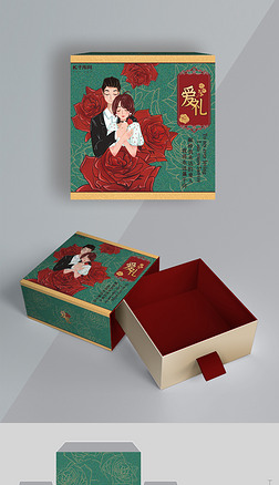 情人节情侣玫瑰花红色绿色手绘插画风包装礼盒