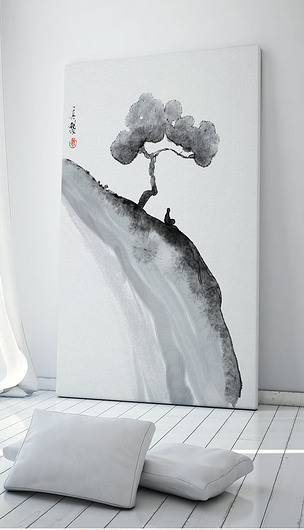 极简禅坐僧人水墨山水画客厅书房装饰画