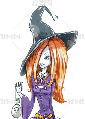 Red-haired witch. Girl in a witch costume with poison in her hands. 