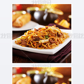 Chinese beef lo mein on plate