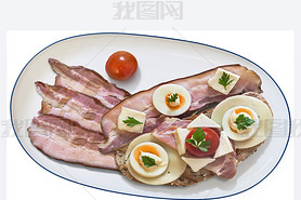 Cheese Ham Egg Sandwich with extra Bacon and Cherry Tomato on Platter Isolated on White Background