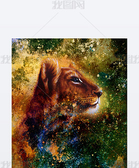 Little lion cub head. animal painting, abstract color background with spots.