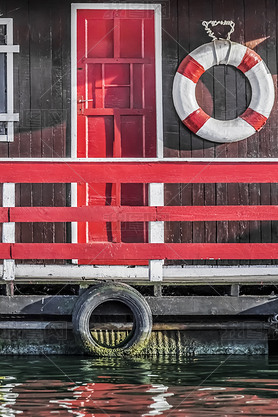 Old Wooden Red Painted Raft Hut On Sa River - Detail