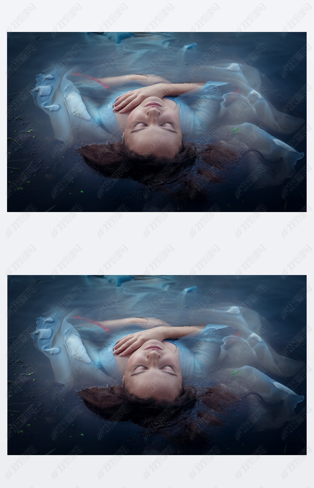 原创年轻美女穿着蓝色的衣服,躺在水中淹死-版权可商用
