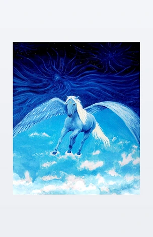 飞白色的飞马座马高挂在天空，美丽的详细布面油画