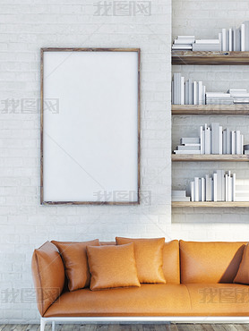 Mock up poster on brick wall, leather sofa, 3d illustration