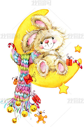 New Year and Christmas background for congratulations with funny Bunny.  watercolor illustration