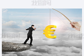 Man balancing golden euro symbol fishing lure with sun clouds