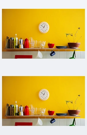 黄墙上的钟，在厨房里