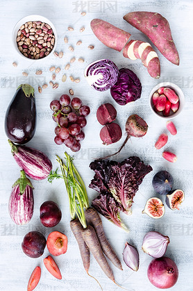 Assorted purple toned fruits and vegetables