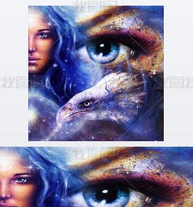Goddess Woman in space with light stars and eagles head, women  Eye contact, Abstract color backgrou