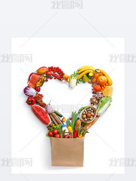 Heart symbol, made from different fruits and vegetables