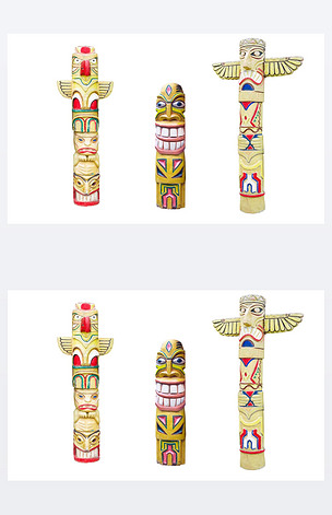木头印第安人多彩图腾柱上白色孤立