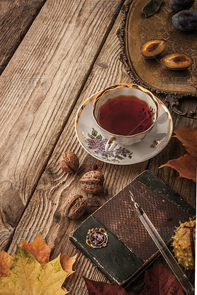 Plums, nuts and lees with vintage notebook and tea with film filter effect vertical