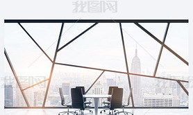 A meeting room in a bright contemporary panoramic office space with New York city view. The concept 