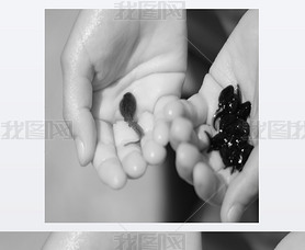 hand of child with many black tadpoles