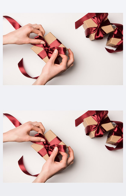 原创在白色的礼品盒上的妇女绑丝带的部分看法版权可商用