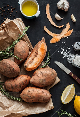 Preparing rosemary roasted sweet potatoes