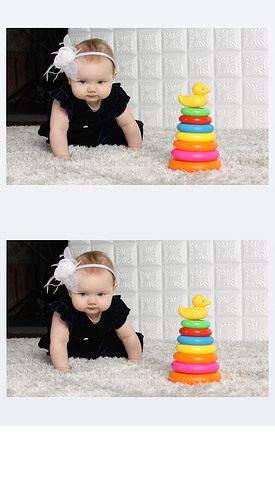 裙子的小可爱宝宝爬行玩具之间的灰色软地毯上.