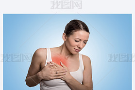Young woman with chest breast pain colored in red