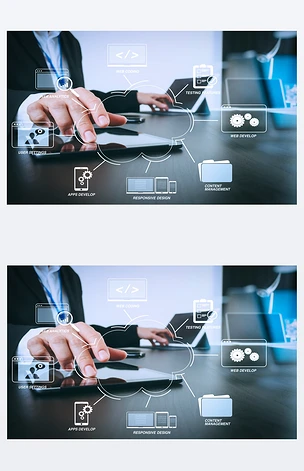 在虚拟图中开发具有网站设计的编程和编码技术. 商人与智能手机和数字平板电脑和便携式计算机在现代办公室与玻璃反射视图  