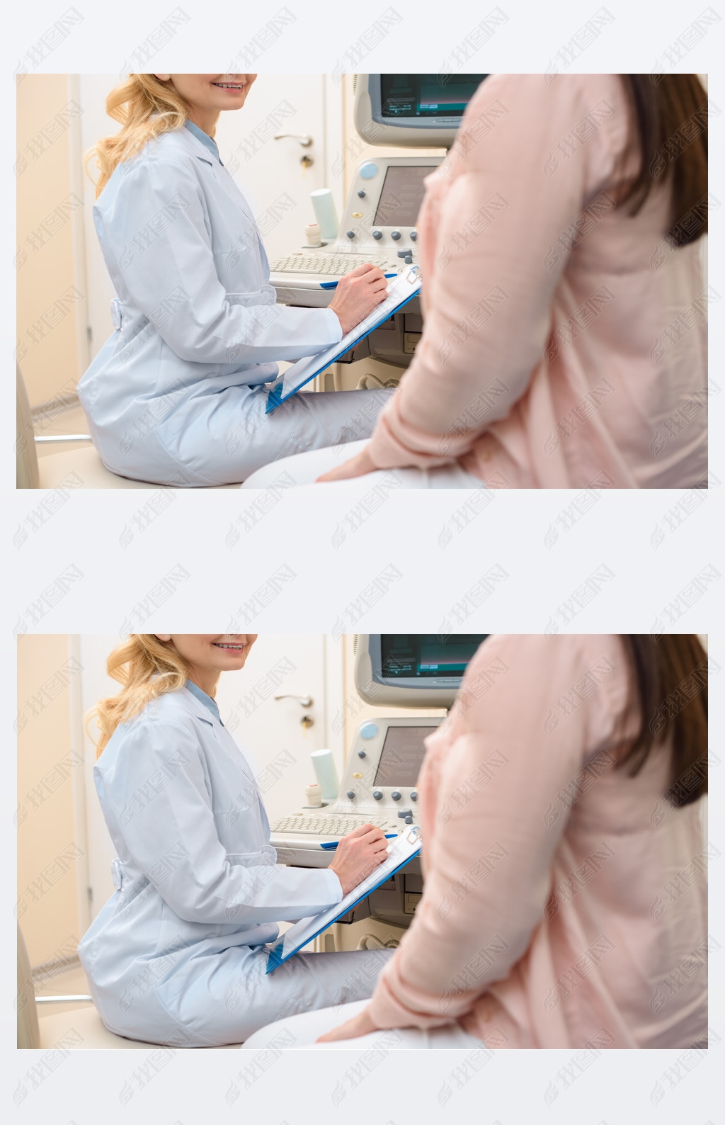 产科妇科医生在超声扫描办公室咨询孕妇的裁剪照片