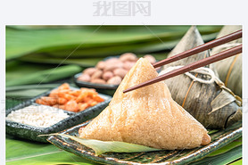 Close up, copy space, famous chinese tasty food in dragon boat (duan wu) festival, steamed rice dump