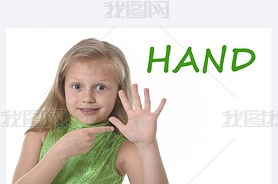 cute little girl pointing her hand in body parts learning English words at school