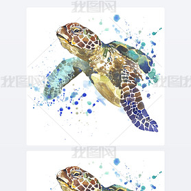 sea turtle T-shirt graphics. sea turtle illustration with splash watercolor textured background. unu