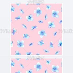 A seamless pattern with the blue flowers (Myosotis), painted in a watercolor on a pink background