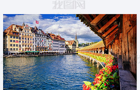 Lucerne, Switzerland, view from the famous wooden Chapel Bridge