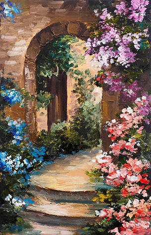 油画-夏季露台，五颜六色的花朵在花园，房子在希腊