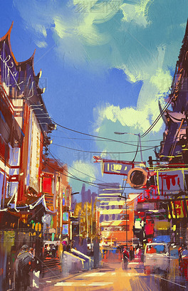 原创插图绘画的购物街-版权可商用