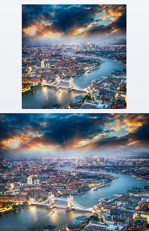 伦敦。伦敦塔桥在黄昏与美丽的城市的鸟瞰图