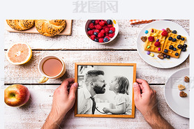 Fathers day composition. Black-and-white photo, breakfast meal