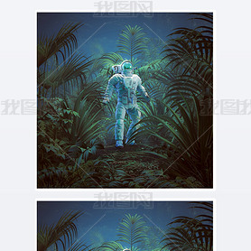 Back to nature / 3D illustration of science fiction scene showing astronaut exploring lush tropical 