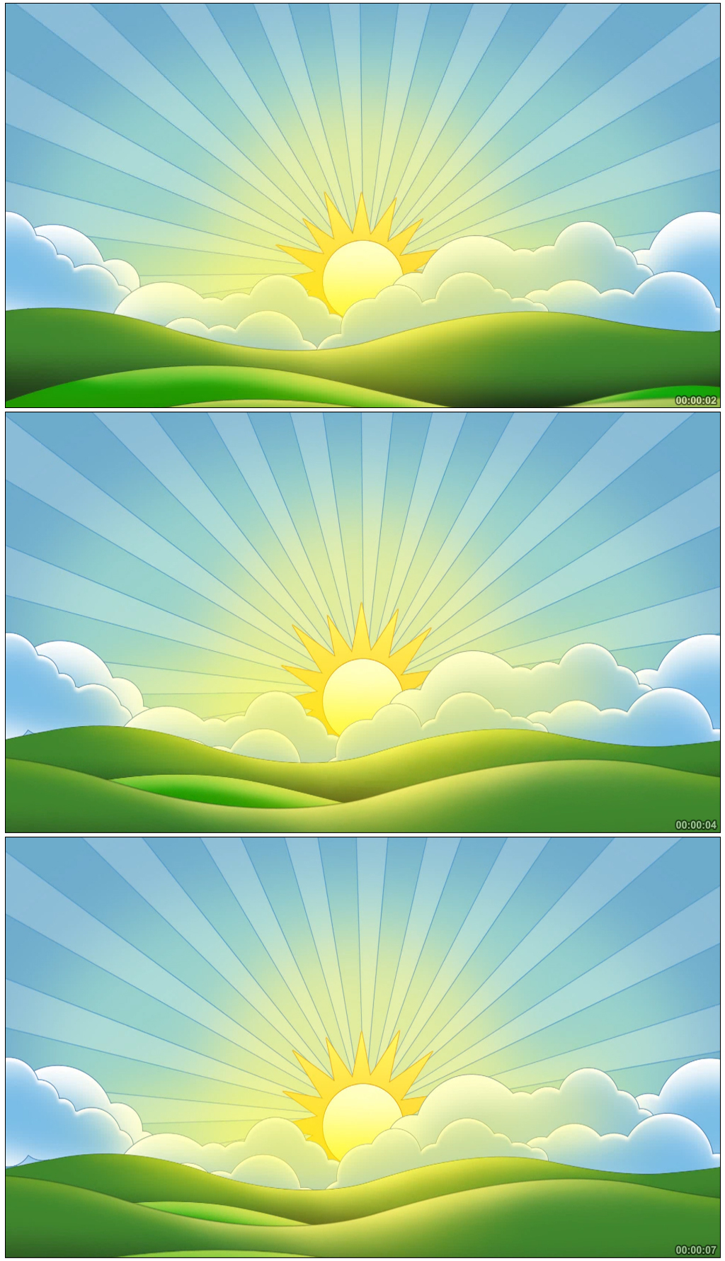 卡通日出太阳光芒彩云草地晚会开场背景视频
