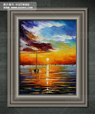 夕阳下的帆船欧洲风景油画