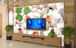 客厅鹅卵石金鱼电视背景墙图片