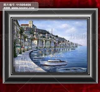 美丽的欧洲海边小镇风景油画