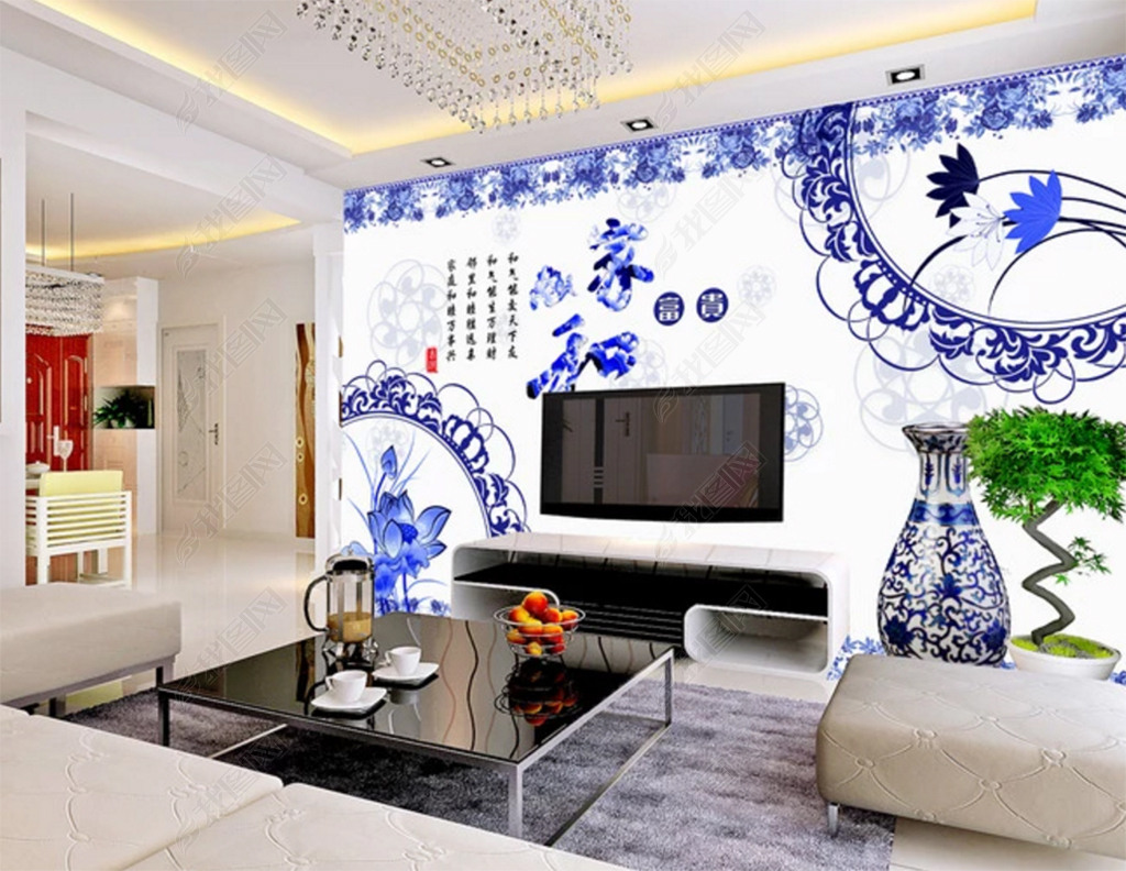 家和万事兴青花瓷电视背景墙