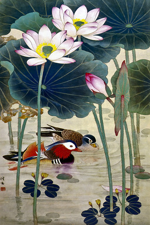 室内背景墙鸳鸯荷花