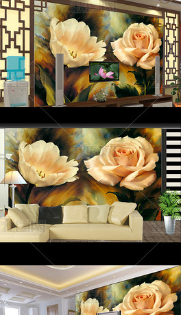 客厅油画玫瑰电视背景墙图片