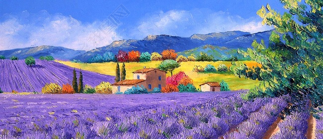 紫色薰衣草田园风景高清油画无框画