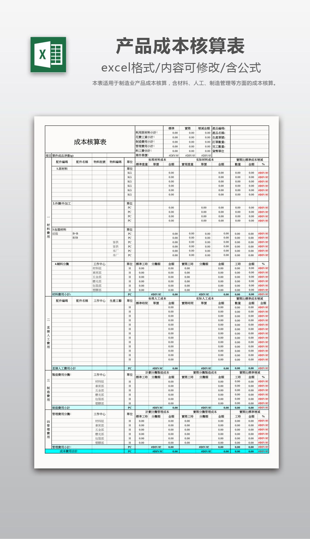 产品生产成本核算表