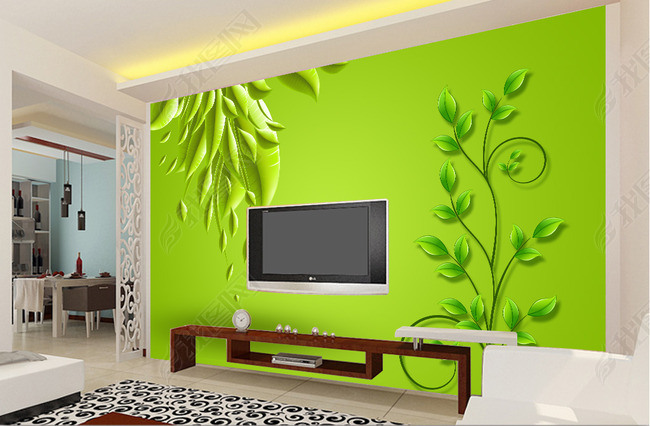 绿色清新电视背景墙