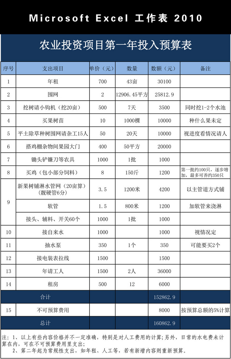 农业投资项目第一年投入预算表