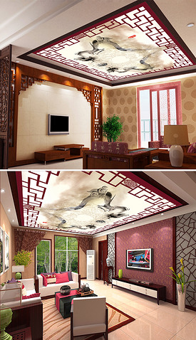 中式二龙戏珠祥云水墨花格客厅卧室吊顶壁画
